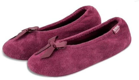 Isotoner® Ladies Terry Ballerina Slippers, Cotton Rich Stretch Fit with Pillowstep® Cushioning, Ultra Comfort Foam, Durable Sole, Machine Washable, Bow Detail, Burgundy, M