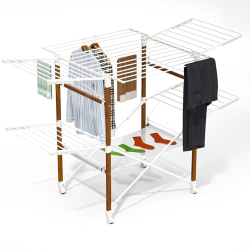 VOUNOT® Tendedero Ropa Plegable 173x94x123cm Tendedor Tenderete Extensible con Alas Laterales y Malla de Secado Secadora Ropa Superficie de Tendido 30m Móvil con Ruedas para Interior y Exterior Blanco