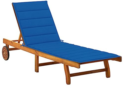 Chaise Longue d'Extérieur, en Bois d'Acacia Massif avec Coussin, Dossier Réglable 5 Positions, Roulettes et Tablette Intégrée, Transat Jardin Exterieur, Bains de Soleil,Bleu Royal, 200 x 63 x 85 cm