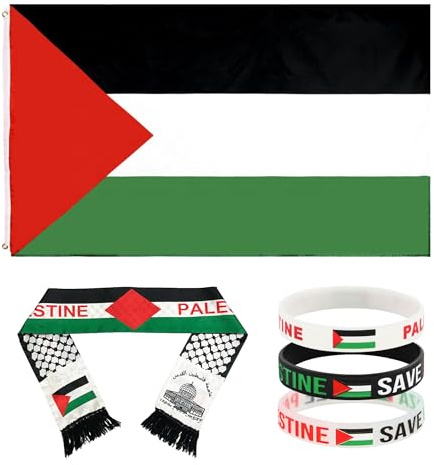 Drapeau Palestine FREE Palestine - Drapeau Palestine pour Balcon 150 x 90 cm + Écharpe Palestine + 3 Bracelets Palestine - Palestine Libre