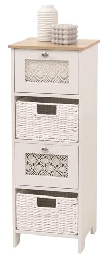 Mendler Kommode HWC-O75 82x30x30cm Holz - Natur-weiß | Schubladenschrank, 4 Schubfächer, Korbschubladen, Melamin