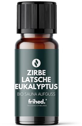 frihed.® Saunaaufguss Mini - Hochkonzentriertes Sauna-Öl - Probiergröße - Langanhaltender Duft - Made in Lüneburg - 10 ml Glasflasche (Zirbe, Latschenkiefer, Eukalyptus)