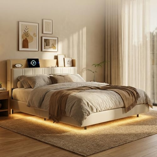 BRILVERDE Polsterbett 140x190 mit LED, Platformbett mit USB, Funktionsbett mit Kopfteil, Schwebebett mit Lattenrost, PU (Weiß Flache Eiche, 140 x 190 cm)