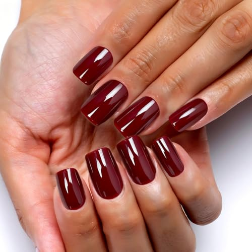 12 tailles-24 pièces Faux Ongles Rouge Foncé | Press on Nails Longs Carrés et Brillants | Ongles Autocollants Adhesif en Gel Rouge Bordeaux | Ongles a Coller Réutilisables pour Femmes Automne-hiver