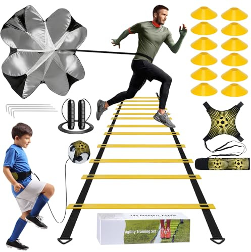 Sockywin Kit Entrenamiento Futbol Juego Escalera de Agilidad 6 m 12 Peldaños con 12 Conos, 4 Estacas, Paracaídas en Marcha, Fútbol Kick Throw Trainer para Niños y Adulto para Entrenamiento