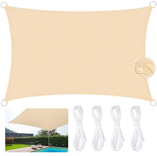 JUQG Vela de Sombra Rectangular Impermeable 3x5m, 420D Oxford Toldos de Terraza, 95% Resistente a Los Rayos UV, Cortina de Sombra para Piscina, Jardín, Terraza, Parque, Campamento - Beige