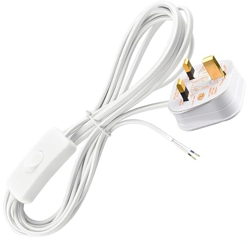 Lamp Switch, Table Lamp Cable, 2 Core Pre-Made Cable with Inline Switch, 3.5m Stripped Open End Lead for DIY Lamp Repair, 250V 6A Light UK Plug with 13A Fused, Suitable for Desk Lamp, White