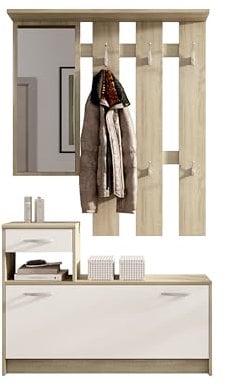Vera Garderobe mit Spiegel weiß matt - Kompaktgarderobe Korpus Eiche Sonoma Nachbildung - 100 x 190 x 26 cm (B/H/T)