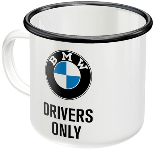 Nostalgic-Art Taza esmaltada retro, 360 ml, Official License Product (OLP), BMW – Drivers Only – Idea de regalo para fans de BMW, taza para camping, diseño vintage