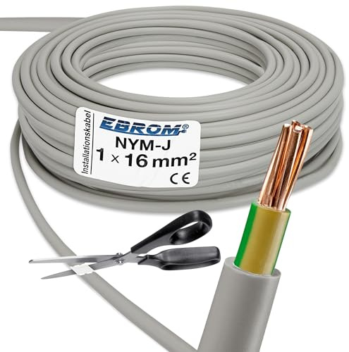 EBROM NYM-J 1x16 mm² Mantelleitung, Erdungskabel in grau 16 mm2: 30 Meter | Ab 5 m bis 150 m - Erdungsleitung Installationsleitung Feuchtraumkabel für die feste Verlegung in trockenen + feuchten Räumen