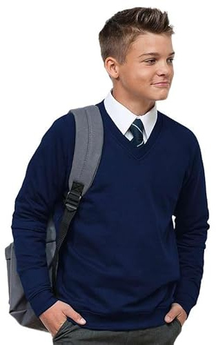 Ages 3-16 Boys Girls Unisex School Sweater V Neck Fleece Sweatshirt Uniform Black Navy