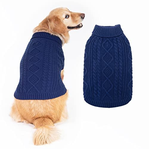 BINGPET Rollkragen-Strickpullover f¨¹r Hunde - Klassischer Zopfstrick-Hundepullover, warme Haustier-Winterkleidung-Outfits f¨¹r Hunde Katzen in der kalten Jahreszeit (L, Navy blau)