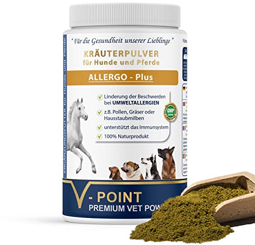 V-POINT ALLERGO Plus - bei Allergien durch Pollen, Gräser, Heustaub - Bei Beschwerden und zur Vorbeugung - Premium Kräuterpulver für Hunde und Pferde - Mit Schwarzkümmel, Hagebutte, Ingwer (500 g)