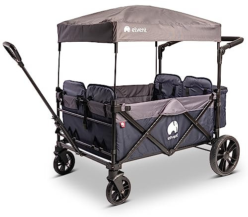 elvent® WagonPro City Bollerwagen/Handwagen faltbar mit Dach I 4 Sitzplätze | groß I Sitzpolster, Hecktasche, Feststellbremse, 5-Punkt-Gurt I für 4 Kinder (Blau)