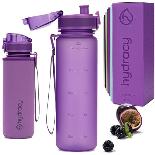 Hydracy Water Bottle with Time Marker - 500 ml 17 Oz BPA Free Water Bottle - Leak Proof & No Sweat Gym Bottle with Fruit Infuser Strainer - Ideal for Fitness or Sports & Outdoors