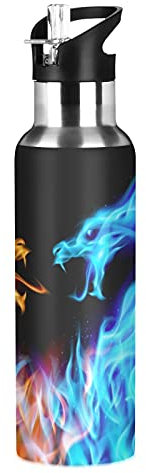 Vnurnrn Art Mignon Cadeau Dragon Animal Bouteille d'eau Isotherme avec Paille en Acier Inoxydable Gourde 600ML, Sans Bpa Gourdes Eau pour Enfant Sport Randonnée École Bureau