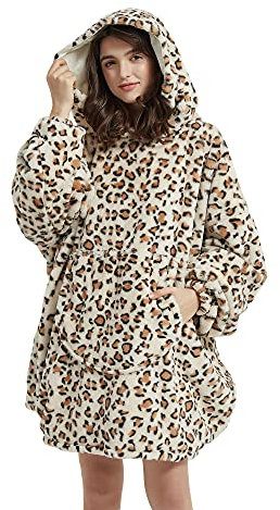 Viviland Oversized Hoodie Fuzzy Blanket Sweatshirt, Super weicher warmer bequemer Riesenpullover mit großer Fronttasche, Geschenke für Frauen Männer Teenager Kinder, Gepard Print Beige