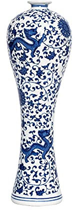 Vase en céramique chinoise bleu et blanc en porcelaine chinoise faite à la main pour salon, décoration d'intérieur, bureau, centre de table (33 cm)