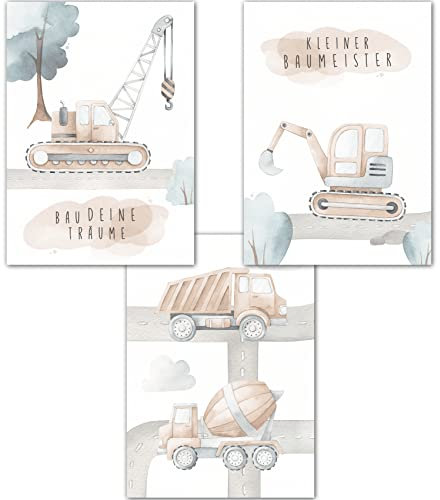 double critical Lemmami Papeterie 3er Set Wandbilder Kinderzimmer Babyzimmer Poster Bilder DIN A4 Jungen Deko Dekoration Bagger Baustelle Baumeister (3er Bilder Set, Pastell, Wanddeko)
