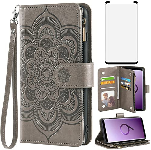Asuwish Handyhülle für Samsung Galaxy S9 Hülle mit Folie Schutzfolie Kartenfach Klappbar Leder Blumen Geldbörse Ständer S 9 9S Edge SM-G960F Handy Hüllen Schutzhülle Panzerfolie Wallet Phone Case Grau