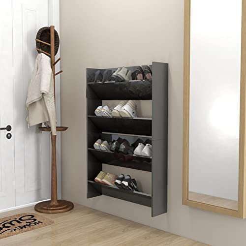 Tidyard 2 Stk. Wand Schuhschränke, Schuhregal Wandmontage, Schuhschrank Hängend mit 2 Kippböden Ausgestattet, Schuhregal zum Aufhängen an der Wand, Shoe Organizer,Hochglanz-Grau 80x18x60 cm Spanplatte