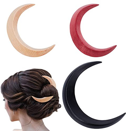 WEBEEDY 3 Pièces Sculpté à la Main Croissant de Lune Fourche à Cheveux Lune Épingle à Cheveux en Bois Lune Barrettes Lune Bâton de Cheveux pour Femmes Filles Accessoires de Cheveux