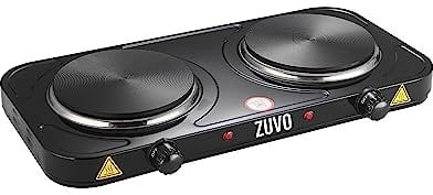 Zuvo 2000W Stainless Steel Double Hot Plate Ring Stove Hob - Portable & with Adjustable Thermostat - Cast Iron Heating Plate Black 25.8