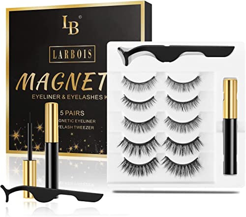 Magnetic Eyelashs, Larbois 5 Paires Magnetic Eyelashes Natural Look with Eyeliner Kit, Self Adhesive&Reusable Fluffy Fake Eyelashes Set and Waterproof&Long Lasting Magnetic Eyeliner, No Glue Needed