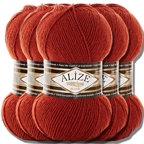 Hobby YARN Alize Superlana Klasik 5 x 100 g Türkische Premium Wolle Baumwolle und Acryl Uni Handstrickgarne Yarn Garn Strickgarn Baby zum Stricken Strickgarn (Terra | 36)