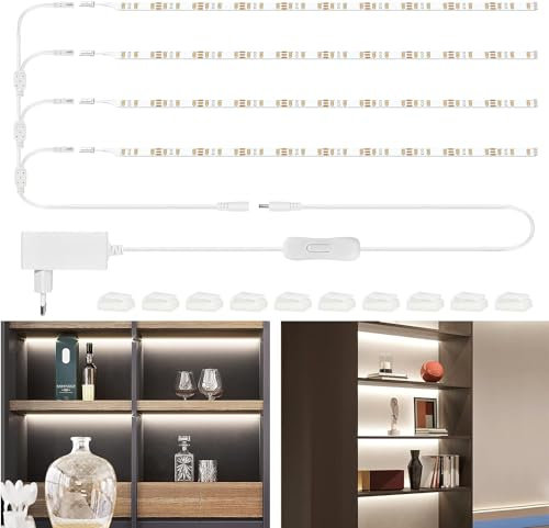 WOBANE Striscia Led per Vetrina, 4 * 50cm Strisce Led Adesive con Spina e Interruttore, Kit Led Striscia Sottopensile per Scaffale,Mobile,Librerie,Cucina,Vetrinetta,Esposizione, Bianco Freddo 6000K