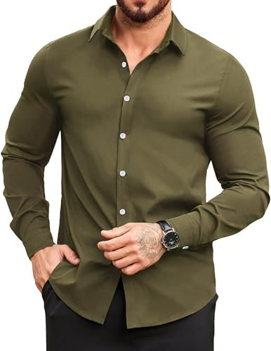 COOFANDY Mens Tops Long Sleeve Formal Slim Fit Dress Shirts Non Iron Button Down Business Plain Shirt Army Green XXXL
