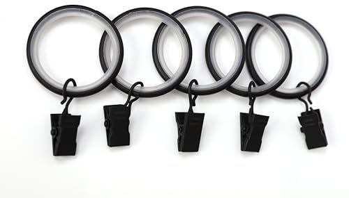 Lot de 10 anneaux de rideau, 25 mm, avec pince, noirs mats