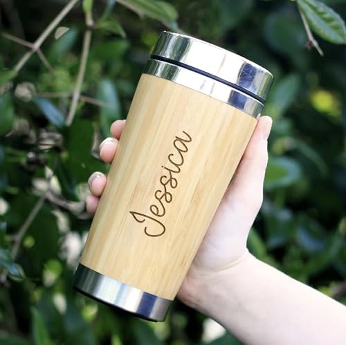 eBuyGB Bamboo Travel Cup with Personalised Name, Eco Friendly, 500ml Insulated Drinks Mug, Laser Engraved Travel Coffee Tea Mug