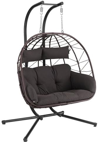 HinHocker Hängesessel für 2 Personen mit Gestell | Braun | XXL Hängeschaukel für Indoor und Outdoor | Inkl. Kissen und Auflagepolster | Doppelsitzer, Korbsessel, Hängesessel Terrasse, Hängekorb