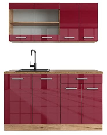 Vicco Singleküche R-Line, Bordeaux Hochglanz/Goldkraft Eiche, 140 cm, AP Eiche