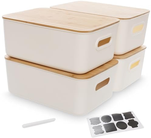 Citylife 4er-set 13L Aufbewahrungsbox mit Bambus Deckel Weiß Aufbewahrungsbox Kunststoff Plastik Box für die Organisation stapelbar Aufbewahrungskorb mit Griff für Küche Badezimmer 38 x 27 x 15 cm