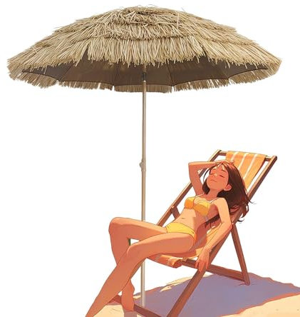 PQPQLI Sombrilla Playa De Paja, Sombrilla Hawaiana Jardin/Playa Con Mecanismo De Inclinación Y Poste Desmontable De Metal, Parasol Terraza Exterior Con Altura Regulable, Ø 145cm/180cm/220cm(1.450m)