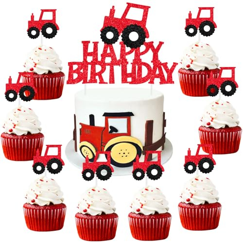 Sursurprise Traktor-Kuchenaufsatz, rot, für Jungen und Mädchen, 12 Stück, Cupcake-Topper, Traktor-Thema, Geburtstagsparty-Zubehör