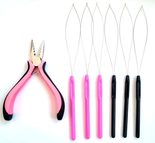 Hair Extension Pliers and Pulling Loop Tool Full Set Tools for Micro and Nano Extensions Rings Beads Black & Pink