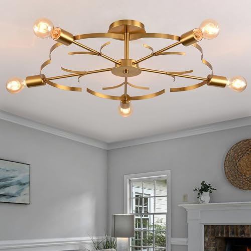OURLOVEII Modern Wohnzimmer Deckenleuchte Gold Rustikale Schlafzimmer Deckenlampe E27 5 Flammig Ø 70 cm Blume Form Wohnzimmer lampe decke für Wohnzimmer Schlafzimmer Esszimmer Küche (Gold)