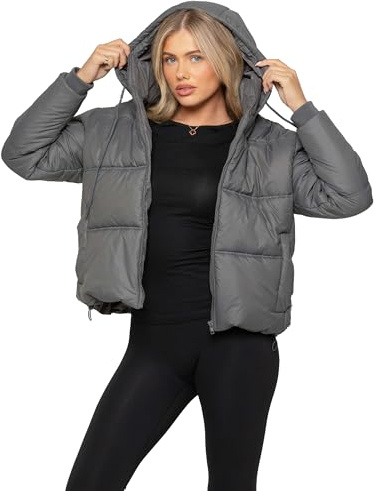 989Zé ENZO Womens Padded Jacket Long Sleeve Zip Up High Neck Puffer Jacket with Hood and Pockets