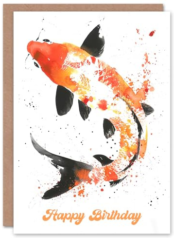 Artery8 Japanese Kohaku Koi Fish Watercolour Blank For Him Or Her Art Birthday Card