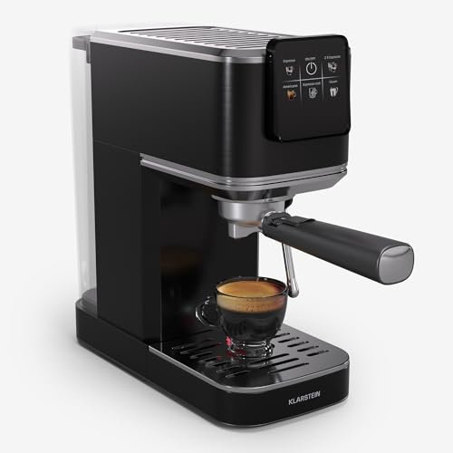 KLARSTEIN SteelPresso Touch Slim Cafetera Express – 20 Bares, 1350W, Depósito 1,2L, Boquilla de Vapor, Pantalla Táctil, Carcasa de Acero Inoxidable, Negro