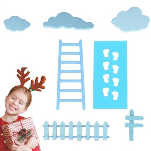 Kit de maison de fée de Noël, décoration d'étagère de nain de Noël, accessoires de jardin féérique en bois avec tapis de bienvenue, échelle de clôture pour bureau, murs, plinthes, arbres