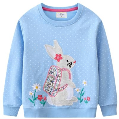 PythJooh Toddler Girl Long Sleeve Rabbit Sweatshirt Cotton Jumper 1-7Y | Kids Long Sleeve Polka Dots Pullover Jumper Sweatshirt with Rabbit Flowers Embroideries