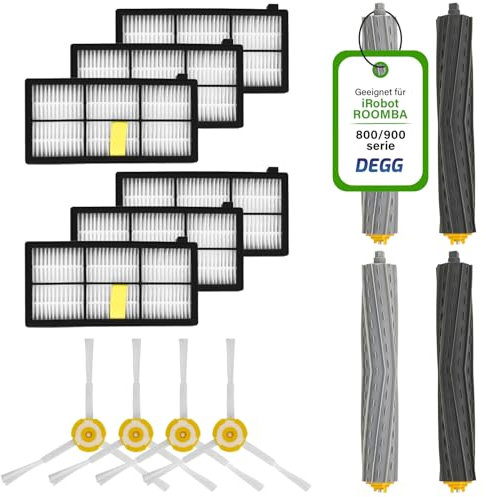 DEGG Ersatzteile XL für iRobot Roomba 800/900 Serie - Roomba Zubehör 4x Gummirollen, 6x HEPA-Filter, 4x Seitenbürste - XL