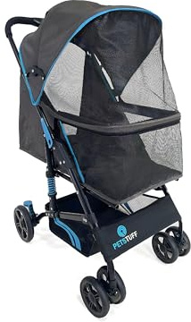 PETS TUFF 22” Buddy Buggies Foldable Pet Stroller - Shock Absorbing Frame with Storage - Machine Washable Fabric - Durable Mesh & UV Protected Retractable Canopy - Cat & Dog Stroller Up to 30lb