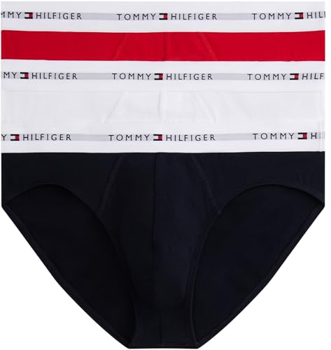 Tommy Hilfiger Men’s 3 Pack Hipster Briefs with Logo Waistband, Multicolor (Wht/Prm Red/Des Sky), M