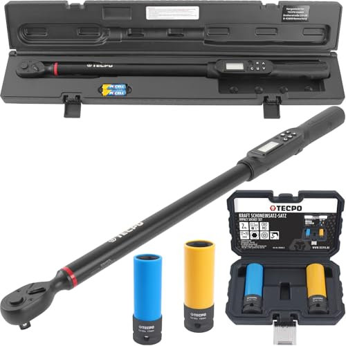 TECPO Digitaler Drehmomentschlüssel 1/2 Zoll Antrieb 17-340 Nm 72 Zähne mit Steckschlüssel Schoneinsatz SW 17mm und 19mm