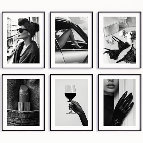 MJ-GRAPHICS® 6 Poster Chic Noir Poster Set Fashion Bild Coco Kunstdruck Feminin Wohnzimmer Wein Wandbild Schwarz Weiß Fashion Eleganz Lippenstift Wein High Heels Coco Boho – A3 Ohne Rahmen